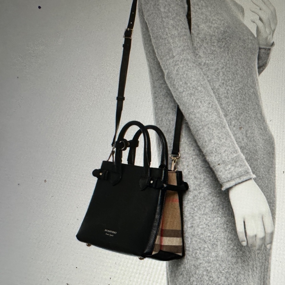Burberry Grainy Calfskin House Check Small Banner Tote Black